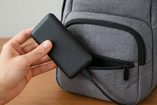 Hand verstaut kompakte Powerbank in Rucksacktasche