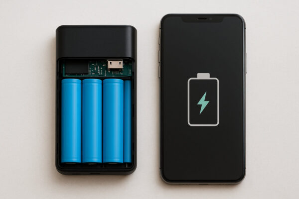 Was 20.000 mAh bei einer Powerbank wirklich bedeuten Innenansicht einer 20.000-mAh-Powerbank mit Akkuzellen und Smartphone