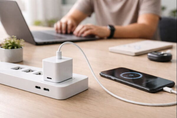 65-Watt-USB-C-Ladegerät lädt Smartphone an moderner Steckdosenleiste