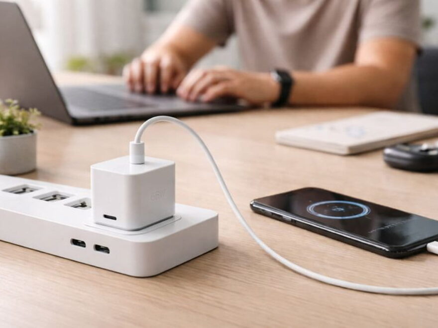 65-Watt-USB-C-Ladegerät lädt Smartphone an moderner Steckdosenleiste