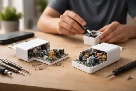 Innenleben billiger Schnellladegeräte mit minderwertiger Elektronik und fehlenden Schutzbauteilen