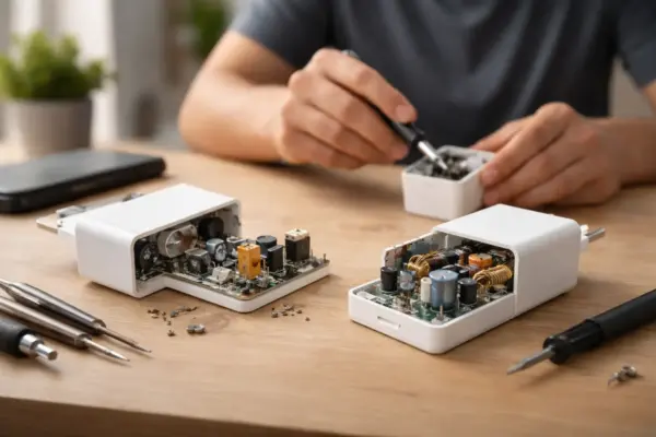 Innenleben billiger Schnellladegeräte mit minderwertiger Elektronik und fehlenden Schutzbauteilen