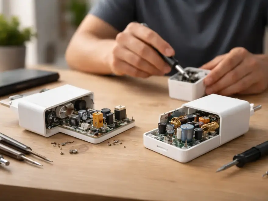 Innenleben billiger Schnellladegeräte mit minderwertiger Elektronik und fehlenden Schutzbauteilen