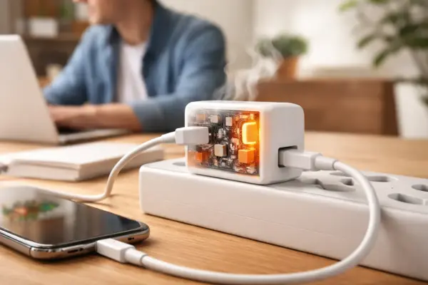 Warum sich ein Ladegerät erwärmt – technische Grundlagen einfach erklärt Ladegerät erwärmt sich beim Laden eines Smartphones auf dem Schreibtisch
