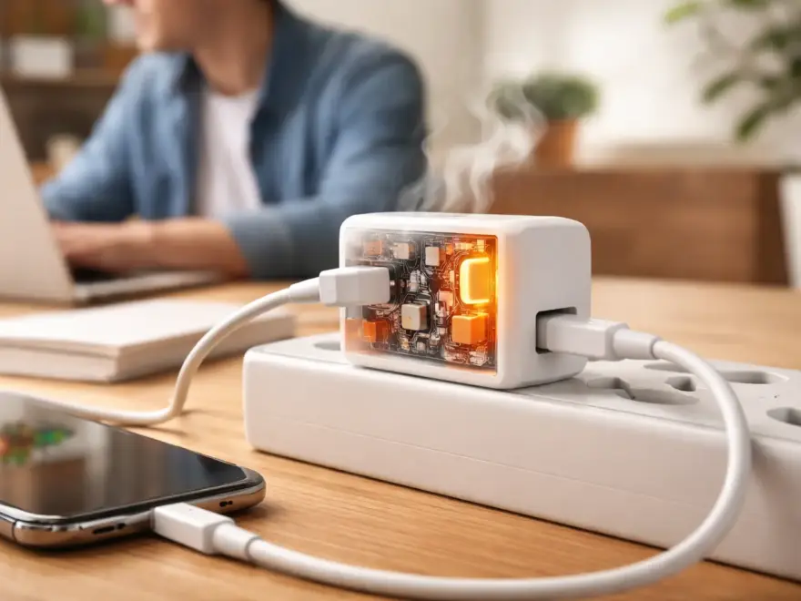 Ladegerät erwärmt sich beim Laden eines Smartphones auf dem Schreibtisch