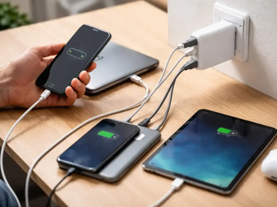 Mehrfach-Ladegerät lädt mehrere Geräte gleichzeitig mit reduzierter Geschwindigkeit