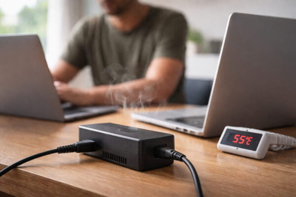 Überhitztes Silizium-Ladegerät auf Schreibtisch beim Laden eines Laptops