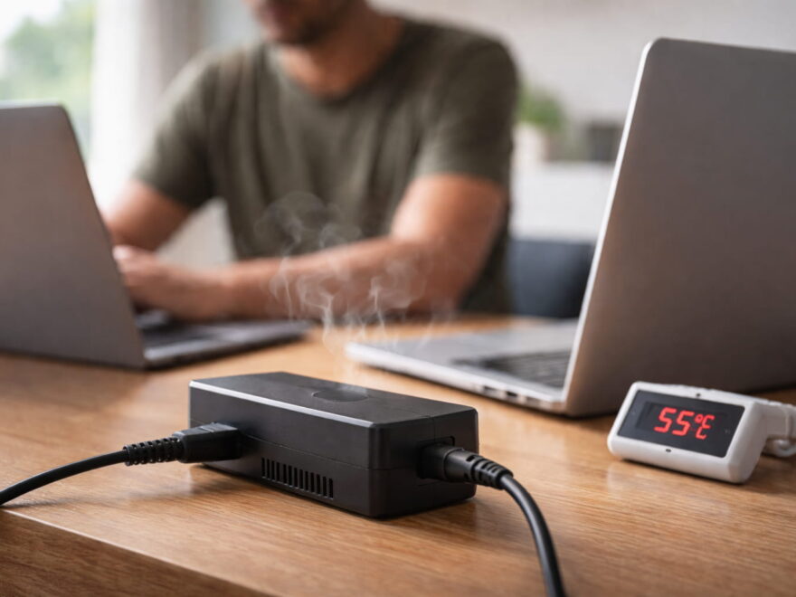 Überhitztes Silizium-Ladegerät auf Schreibtisch beim Laden eines Laptops
