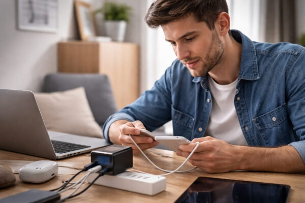 Ladegeräte mit Display für Technikinteressierte und Mehrgeräte-Nutzer Ladegeräte mit Display im Alltagseinsatz beim gleichzeitigen Laden von Smartphone, Laptop und Powerbank