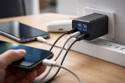 Ladegeräte mit Display zeigen aktuelle Ladeleistung in Watt, Volt und Ampere beim Laden mehrerer Geräte