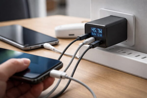 Ladegeräte mit Display mit Anzeige von Watt, Volt und Ampere in der Praxis Ladegeräte mit Display zeigen aktuelle Ladeleistung in Watt, Volt und Ampere beim Laden mehrerer Geräte