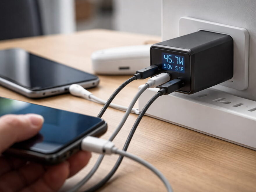 Ladegeräte mit Display zeigen aktuelle Ladeleistung in Watt, Volt und Ampere beim Laden mehrerer Geräte