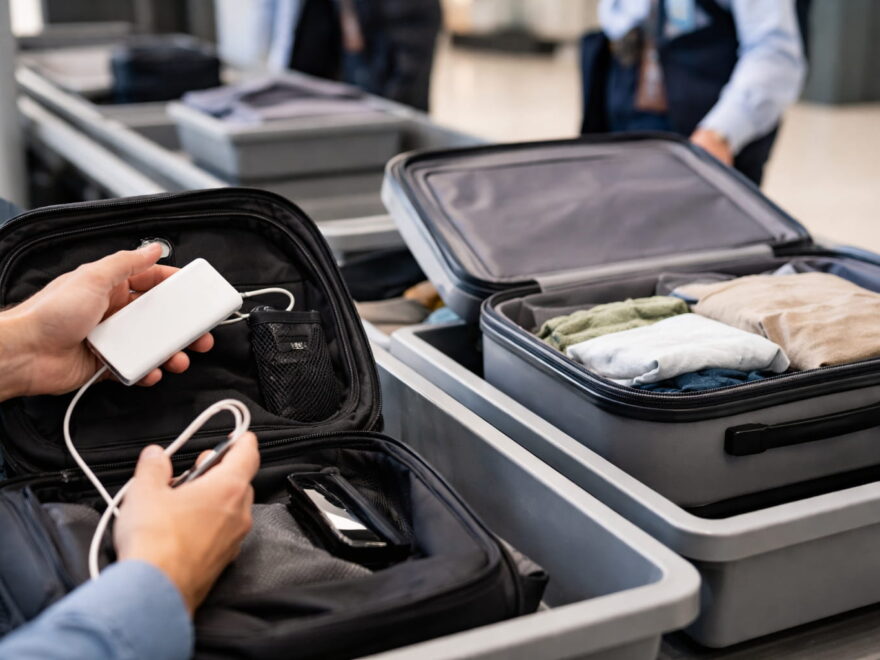 Powerbank im Handgepäck am Flughafen-Sicherheitscheck, Koffer im Hintergrund