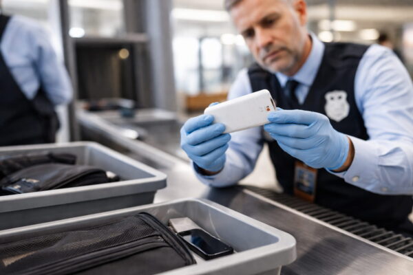 Powerbank im Flugzeug beim Security-Check am Flughafen wird kontrolliert