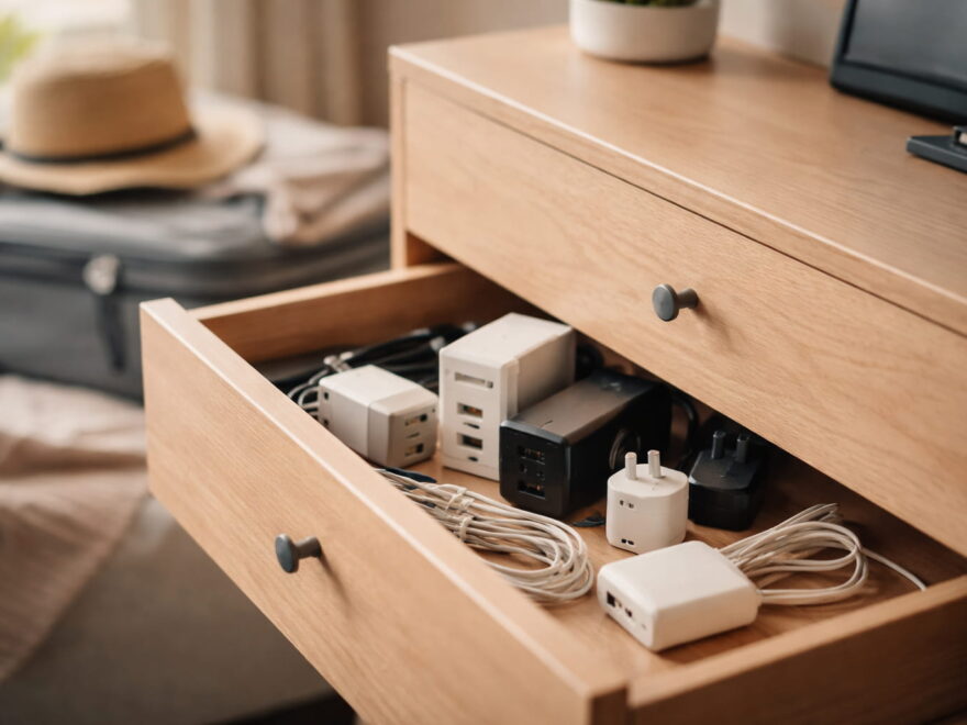 Reise-Ladegeräte liegen ungenutzt in einer Schublade nach dem Urlaub