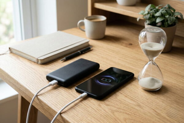 Auswirkungen des Ladens auf die Lebensdauer von Akku und Powerbank Smartphone wird über Powerbank geladen, symbolisch für Auswirkungen auf die Akkulebensdauer