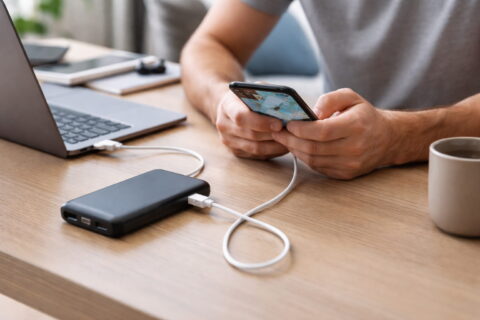 Smartphone wird während der Nutzung über eine Powerbank aufgeladen
