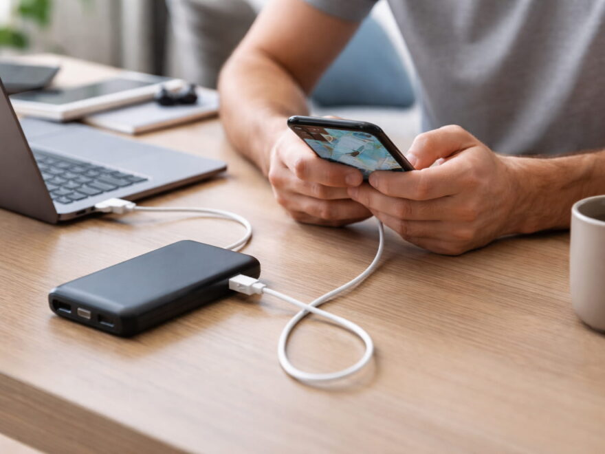Smartphone wird während der Nutzung über eine Powerbank aufgeladen