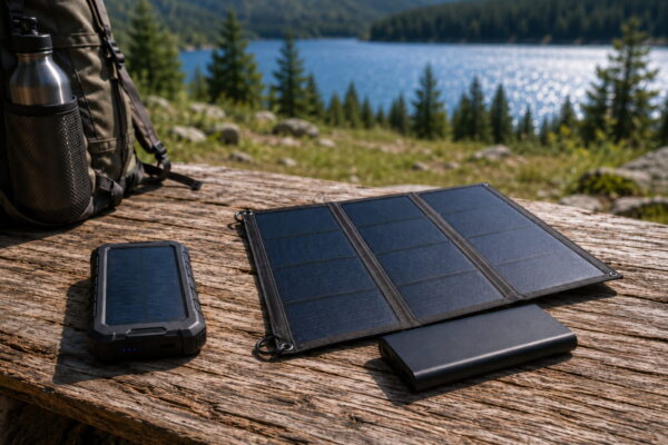 Externes Solarpanel mit separater Powerbank neben kompakter Solar-Powerbank beim Outdoor-Einsatz.
