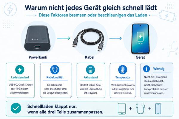Warum Geräte mit einer Powerbank unterschiedlich schnell laden Infografik erklärt, warum Powerbank, Kabel und Gerät die Ladegeschwindigkeit beim Schnellladen beeinflussen