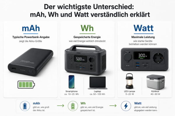 mAh, Wh und Watt bei Powerbanks einfach erklärt Infografik erklärt den Unterschied zwischen mAh, Wh und Watt bei Powerbanks und Powerstations