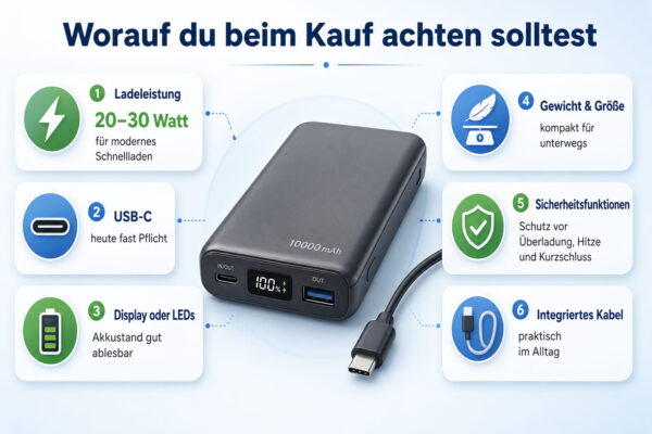 Infografik zu den wichtigsten Kaufkriterien einer Powerbank mit 10000 mAh wie Ladeleistung, USB-C, Gewicht und Sicherheitsfunktionen