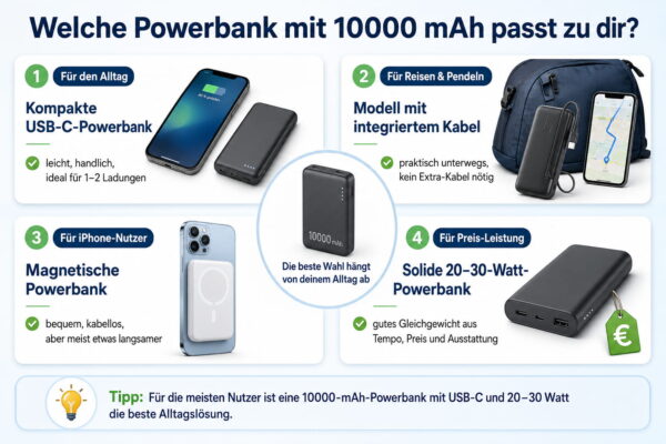 Infografik: Welche Powerbank mit 10000 mAh zu dir passt – für Alltag, Reisen, iPhone-Nutzer und Preis-Leistung