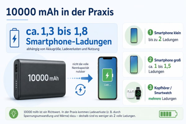 Infografik: Was 10000 mAh bei einer Powerbank in der Praxis bedeuten und wie viele Smartphone-Ladungen realistisch sind
