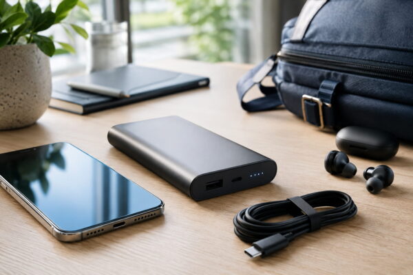 Powerbank mit Smartphone, USB-C-Kabel und Reiseutensilien auf einem Tisch