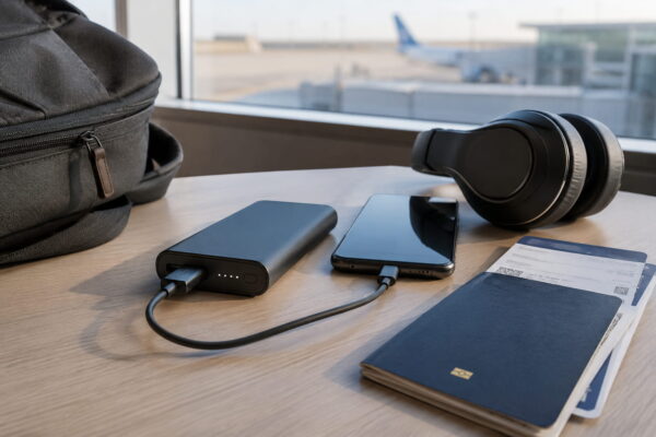 Powerbank lädt Smartphone am Flughafen neben Reisepass und Kopfhörern