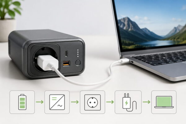 So funktioniert eine Powerbank mit Steckdose beim Laden eines Laptops Powerbank mit Steckdose lädt über ein Netzteil einen Laptop und zeigt den Energiefluss vom Akku bis zum Gerät