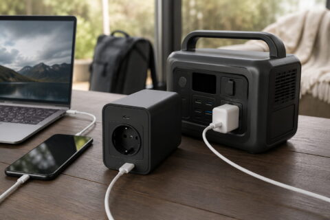 Powerbank mit Steckdose und Powerstation laden Smartphone und Laptop im mobilen Alltag