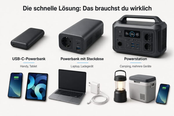 USB-C-Powerbank, Powerbank mit Steckdose und Powerstation im Vergleich Vergleich von USB-C-Powerbank, Powerbank mit Steckdose und Powerstation für unterschiedliche Einsatzzwecke