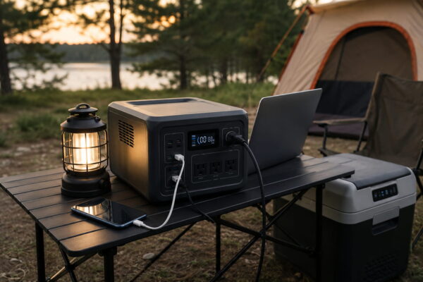 Powerstation im Camping-Alltag mit Lampe, Laptop und Kühlbox Powerstation versorgt beim Camping eine Lampe, ein Smartphone, einen Laptop und eine Kühlbox mit Strom