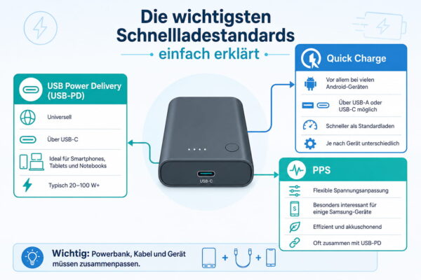 Schnellladestandards bei Powerbanks einfach erklärt Infografik zu Schnellladestandards bei einer Powerbank mit Schnellladefunktion wie USB-PD, Quick Charge und PPS
