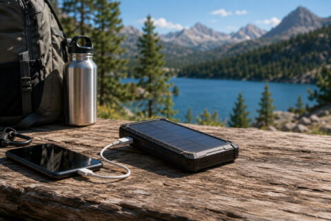 Solar-Powerbank lädt ein Smartphone beim Wandern in sonniger Outdoor-Umgebung.