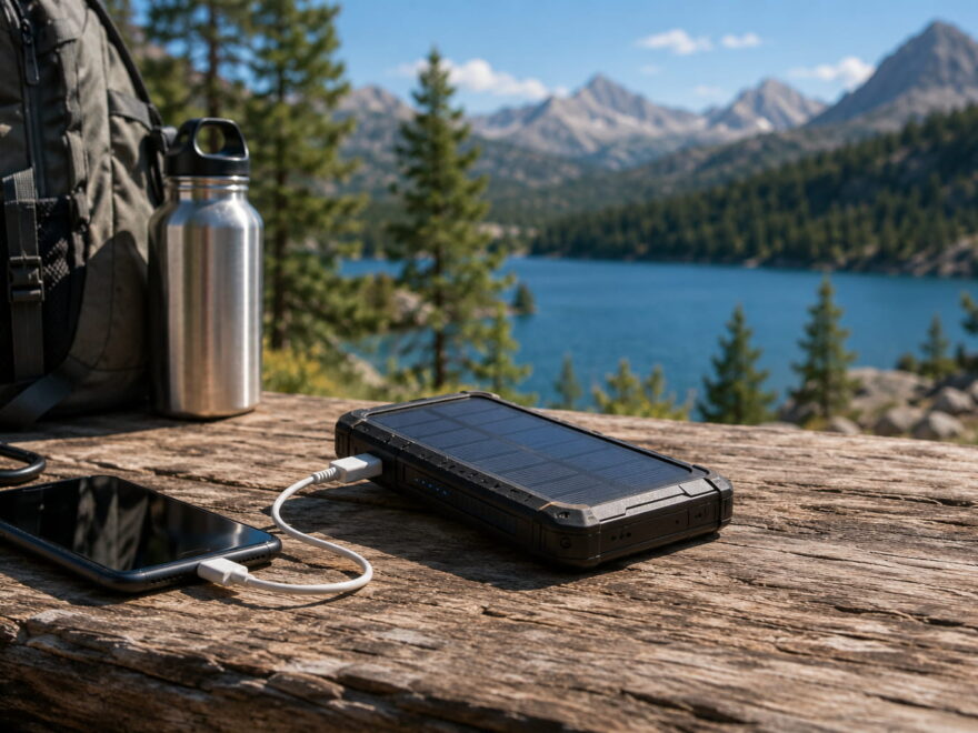 Solar-Powerbank lädt ein Smartphone beim Wandern in sonniger Outdoor-Umgebung.