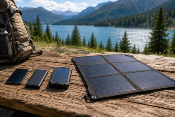 Solar-Powerbank mit kleinem Panel neben großem faltbarem Solarpanel beim Outdoor-Einsatz.