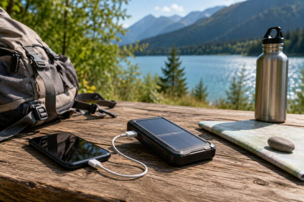 Solar-Powerbank liegt beim Wandern in der Sonne und lädt ein Smartphone über USB-Kabel.