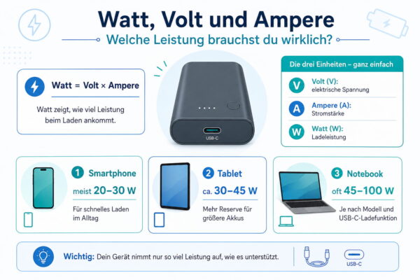 Watt, Volt und Ampere bei Powerbanks einfach erklärt Infografik zu Watt, Volt und Ampere bei einer Powerbank mit Schnellladefunktion für Smartphone, Tablet und Notebook