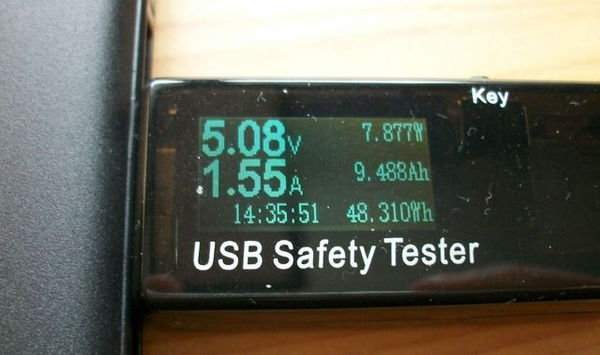 Zeigt die kontinuierliche Aufzeichnung beim klassischen Laden. Ein digitaler USB Safety Tester misst den Ladestrom und die Wattstunden (Wh) einer Powerbank während des Entladevorgangs.