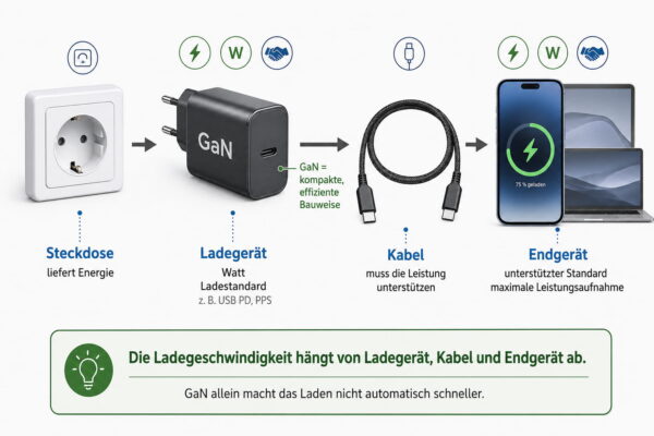 GaN-Ladegerät: Faktoren für die Ladegeschwindigkeit GaN-Ladegerät mit Kabel und Endgerät als Faktoren der Ladegeschwindigkeit