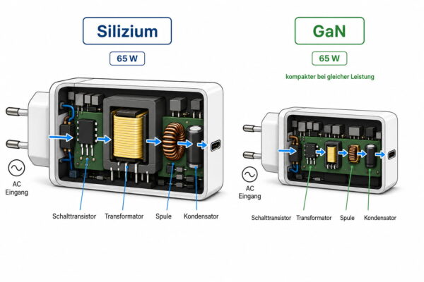 GaN-Ladegerät und Silizium-Netzteil im Vergleich GaN-Ladegerät im Vergleich mit einem Silizium-Netzteil