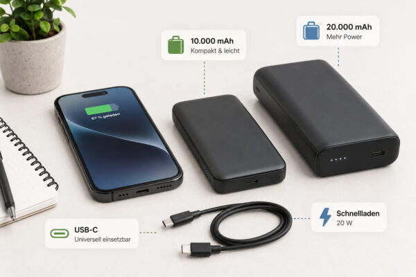 Powerbank Bestseller richtig auswählen Powerbank Bestseller mit Smartphone, USB-C-Kabel und Vergleich von Kapazität und Schnellladen