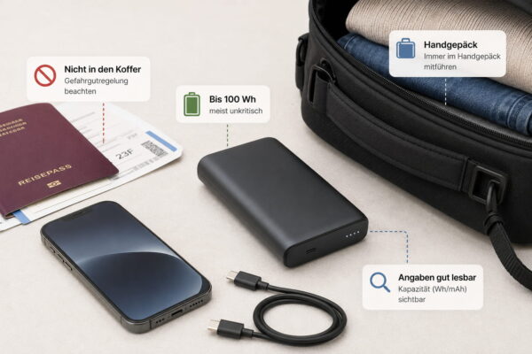 Powerbank Bestseller für Flugreisen richtig einschätzen Powerbank Bestseller für Flugreisen mit Handgepäck, Smartphone und Hinweis auf 100 Wh