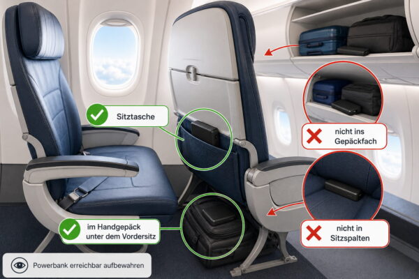 Powerbank im Flugzeug sicher und erreichbar aufbewahren Powerbank im Flugzeug richtig in der Sitztasche oder im Handgepäck unter dem Vordersitz aufbewahren