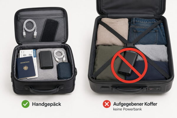Powerbank im Flugzeug richtig im Handgepäck transportieren Powerbank im Flugzeug gehört ins Handgepäck und nicht in den aufgegebenen Koffer