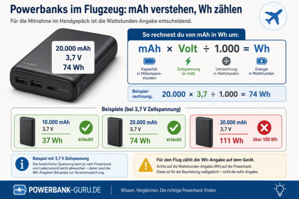 Powerbank im Flugzeug: mAh in Wh umrechnen und 100-Wh-Grenze verstehen Powerbank im Flugzeug: Grafik zeigt die Umrechnung von mAh in Wh und die 100-Wh-Grenze